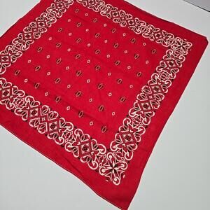 Vintage 1950-1960s Red Floral Fast Color Geometric Cotton 19.5" RN 14193 Bandana